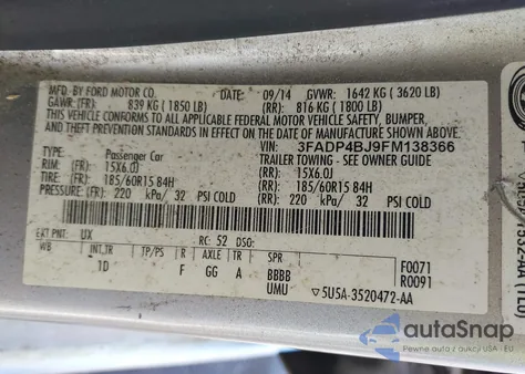 2015 Ford Fiesta Se из США, поврежденный, VIN 3FADP4BJ9FM138366